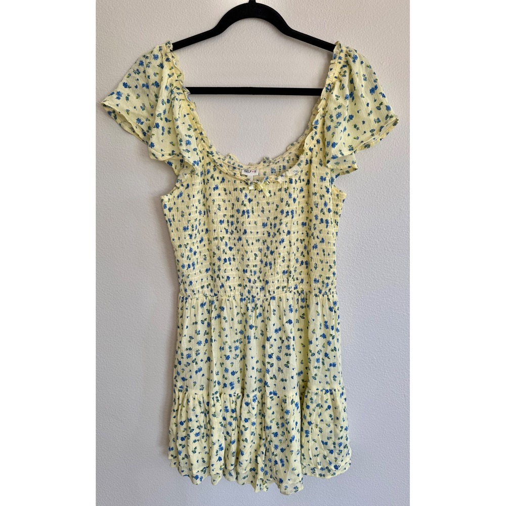 Self Esteem Juniors' Flutter-Sleeve Smocked Ruffle-Hem Romper Yellow Blue XL